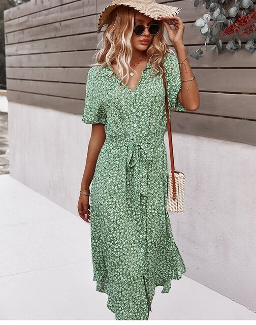 Vestido midi elegante bohemio con flores versátil para diario