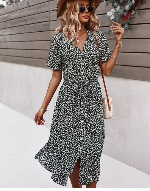 Vestido midi elegante bohemio con flores versátil para diario