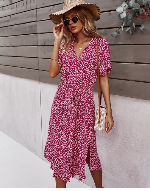 Vestido midi elegante bohemio con flores versátil para diario