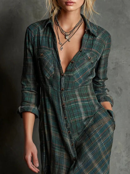 Vestido elegante largo mujer, con revers verdes y look sofisticado