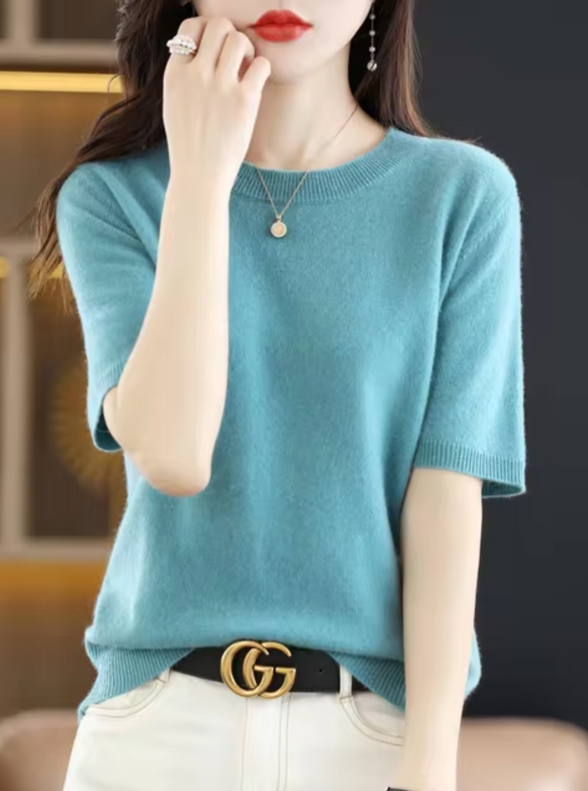 Jersey de manga corta para mujer: mezcla de lana y cachemira, elegante y cómodo