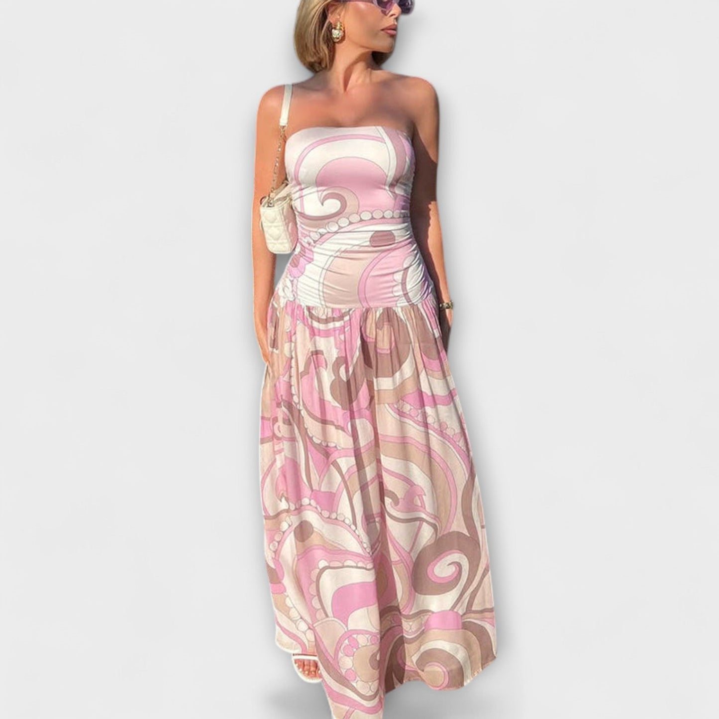 Daisy | Impresionante maxivestido de hombros al aire en tonos pastel