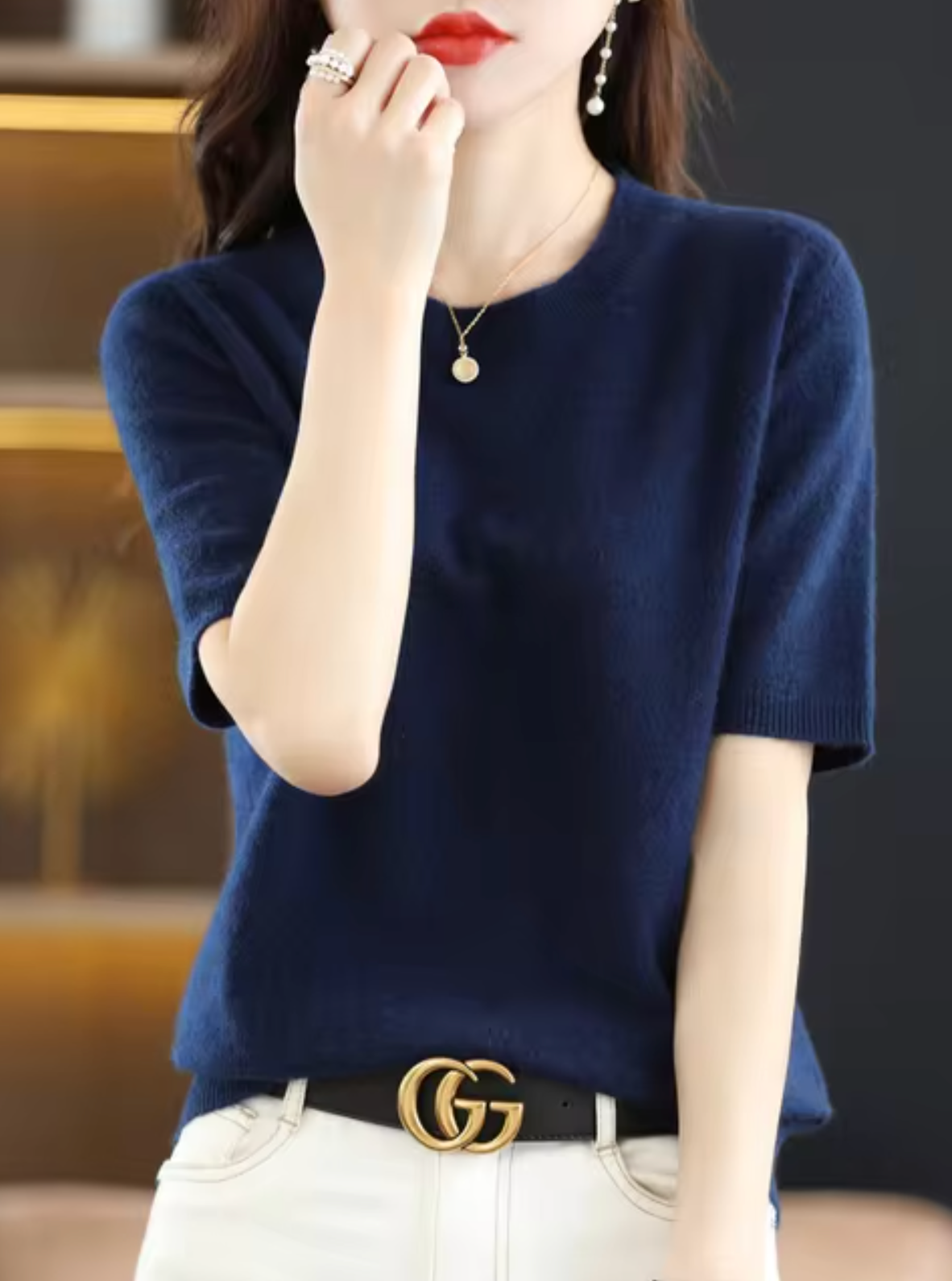 Jersey de manga corta para mujer: mezcla de lana y cachemira, elegante y cómodo