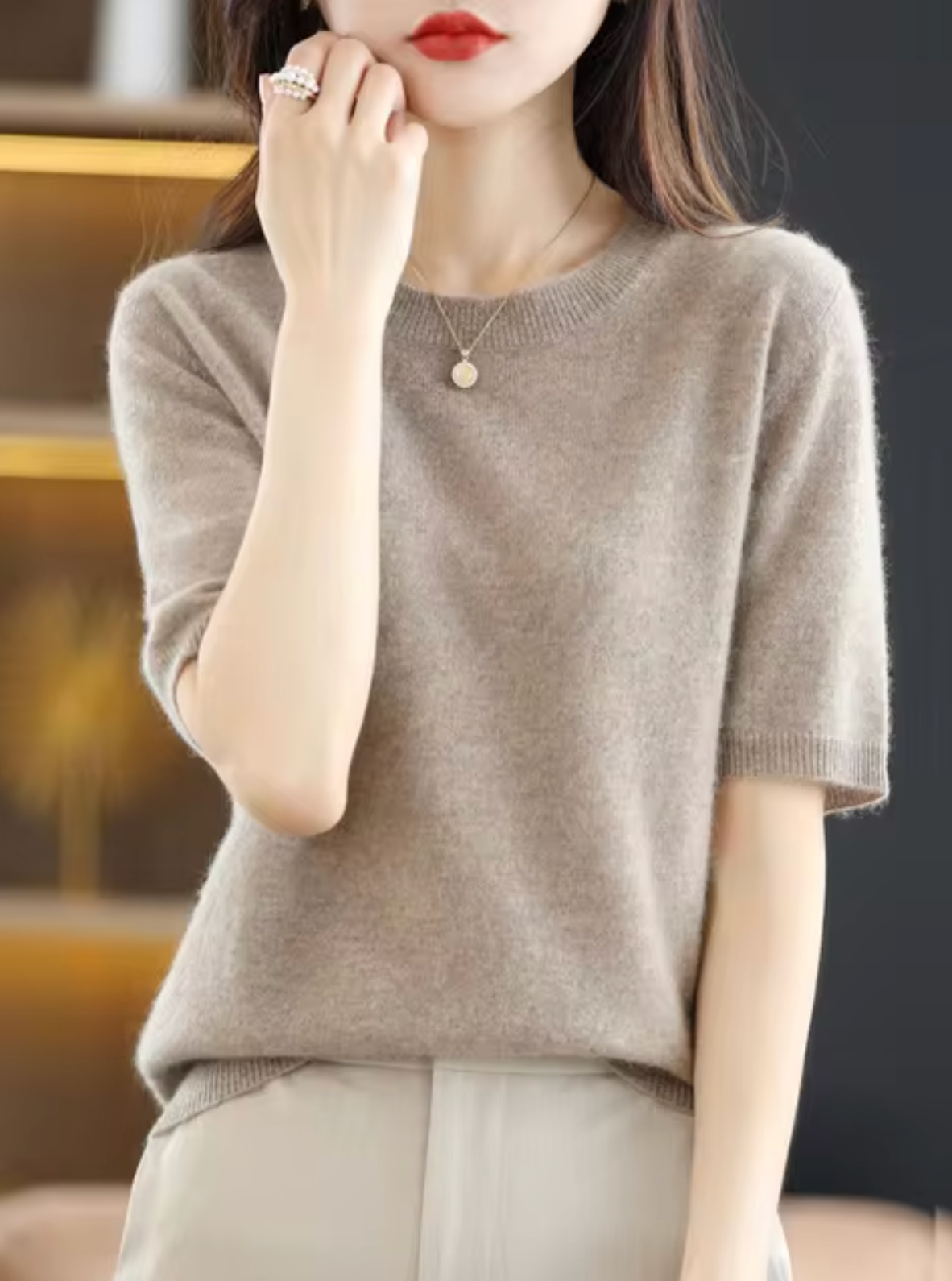 Jersey de manga corta para mujer: mezcla de lana y cachemira, elegante y cómodo