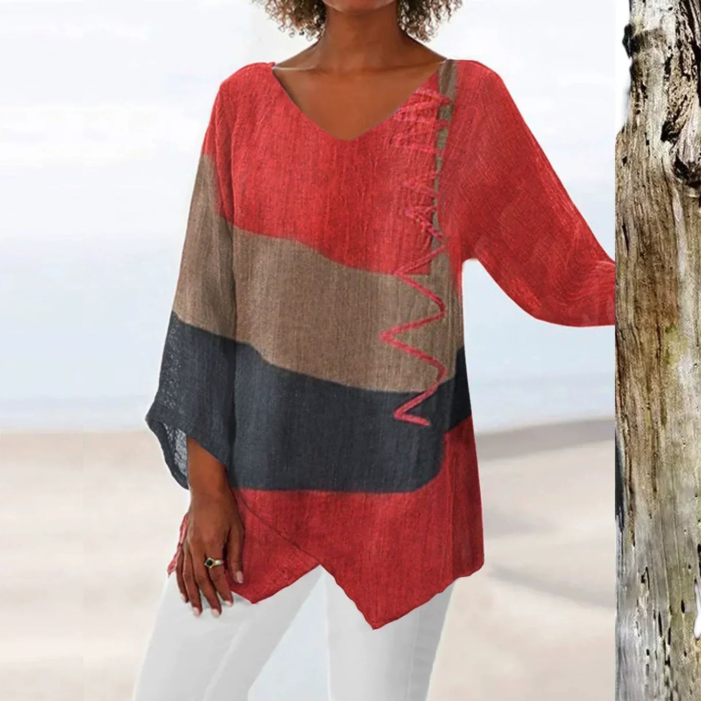 Elena | Elegante top con cuello en V y bloques de color