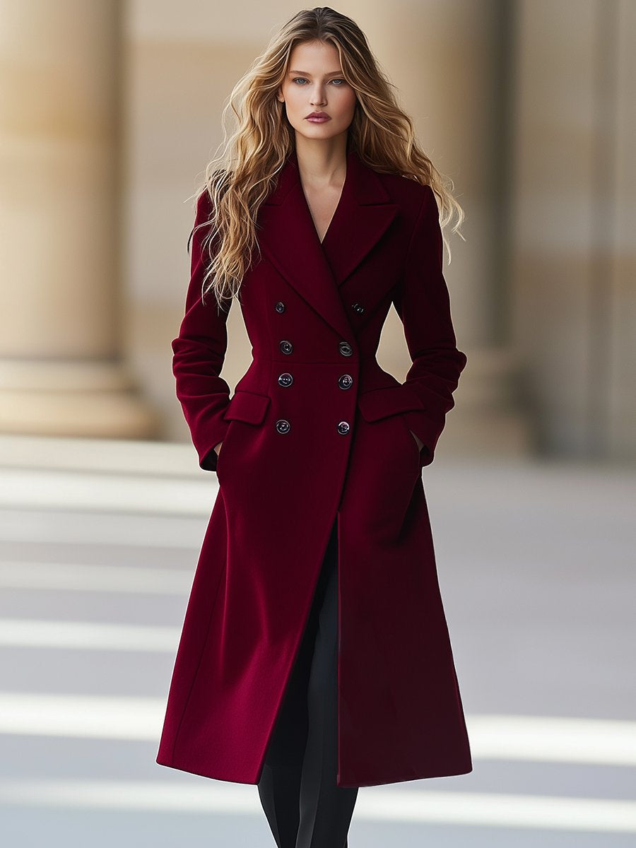 Elegante abrigo de mujer: largo, color burdeos y doble botonadura con cuello con solapa