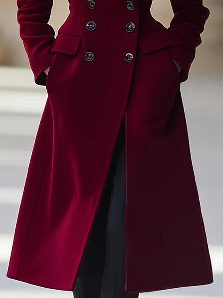 Elegante abrigo de mujer: largo, color burdeos y doble botonadura con cuello con solapa