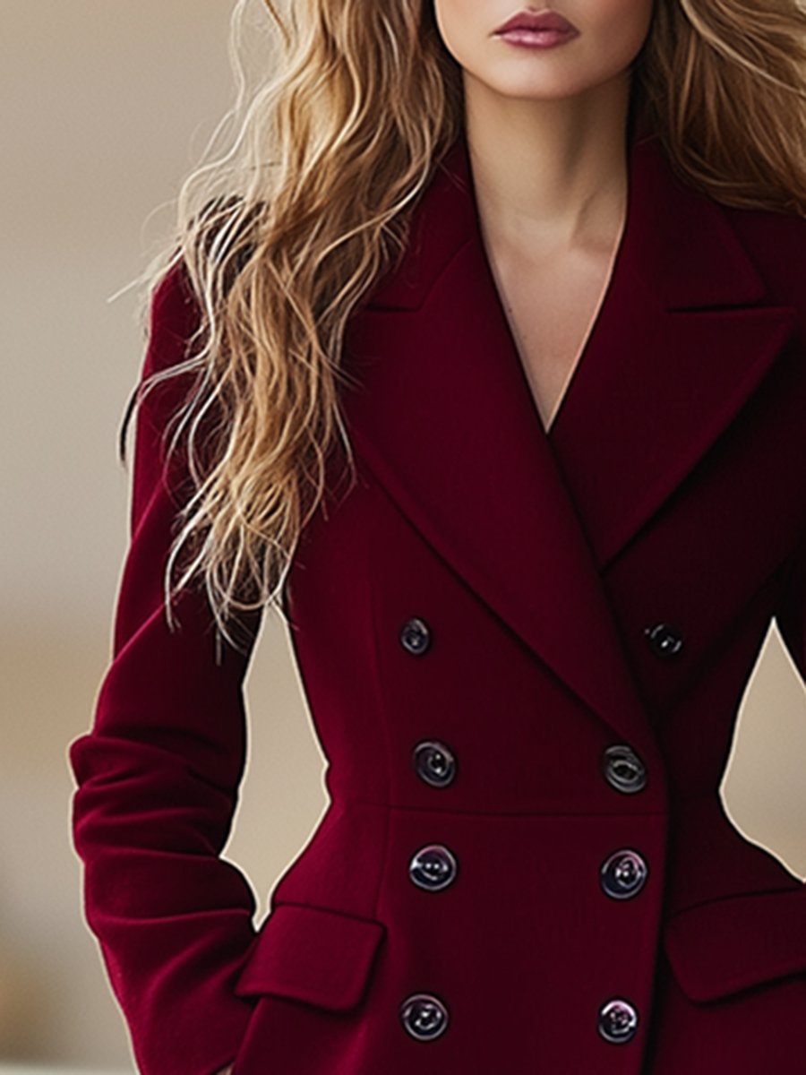 Elegante abrigo de mujer: largo, color burdeos y doble botonadura con cuello con solapa