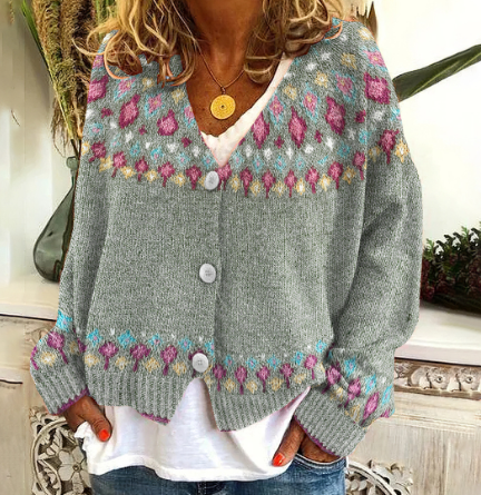 Chaqueta de punto escandinava para mujer: cálido diseño noruego en gris y verde