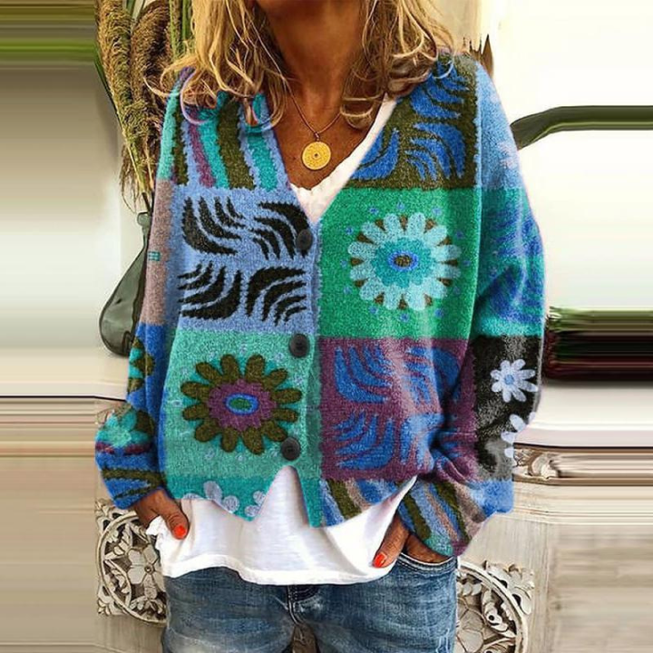 Chaqueta de punto para mujer con botones – Diseño floral y cómoda