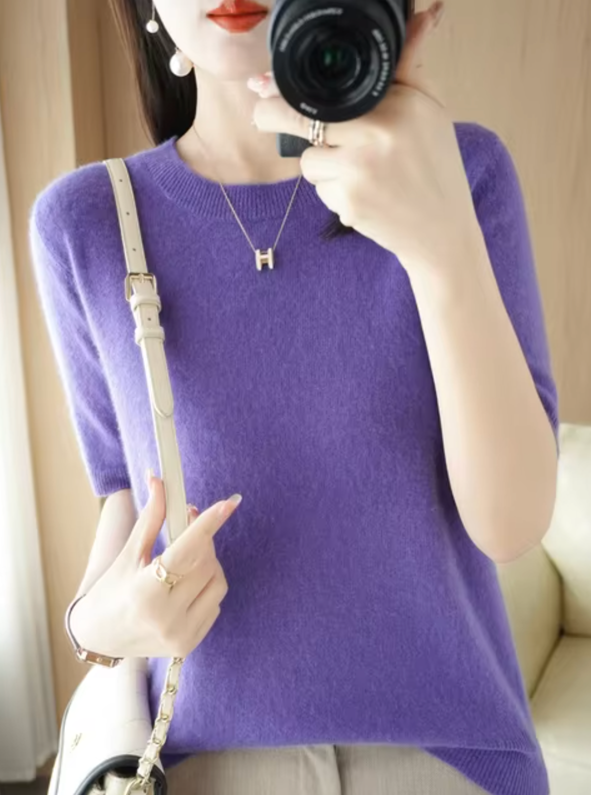 Jersey de manga corta para mujer: mezcla de lana y cachemira, elegante y cómodo