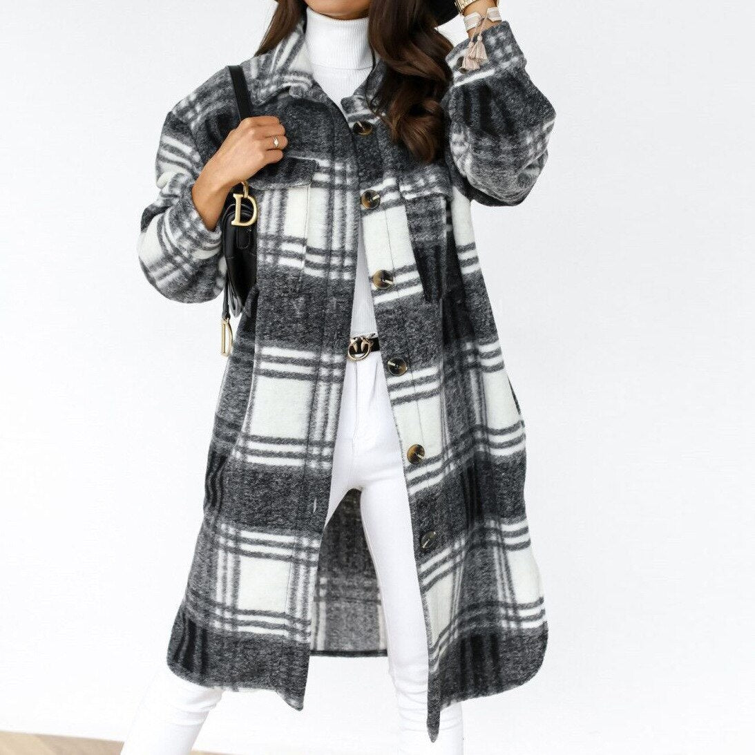 Chaqueta camisa mujer larga a cuadros elegante y cómoda otoño