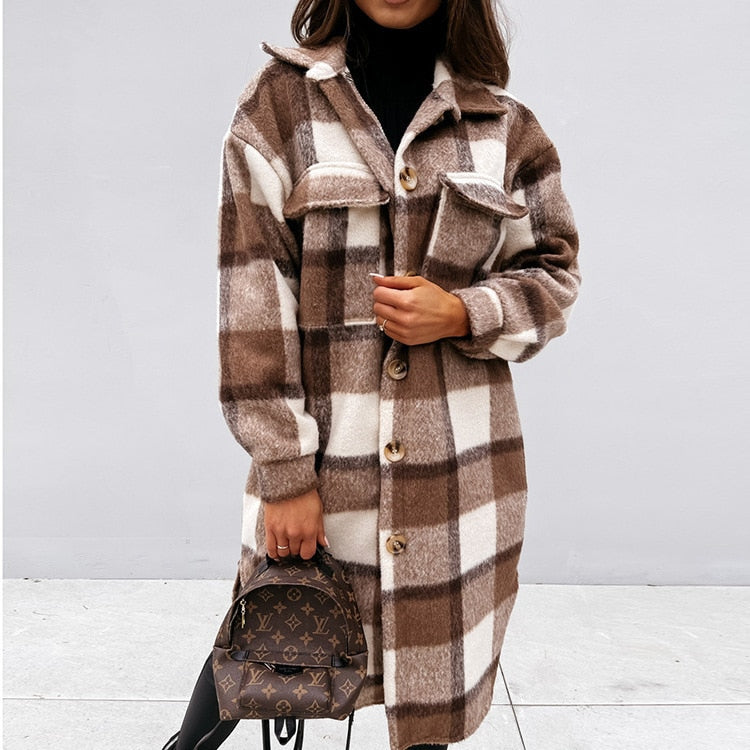 Chaqueta camisa mujer larga a cuadros elegante y cómoda otoño