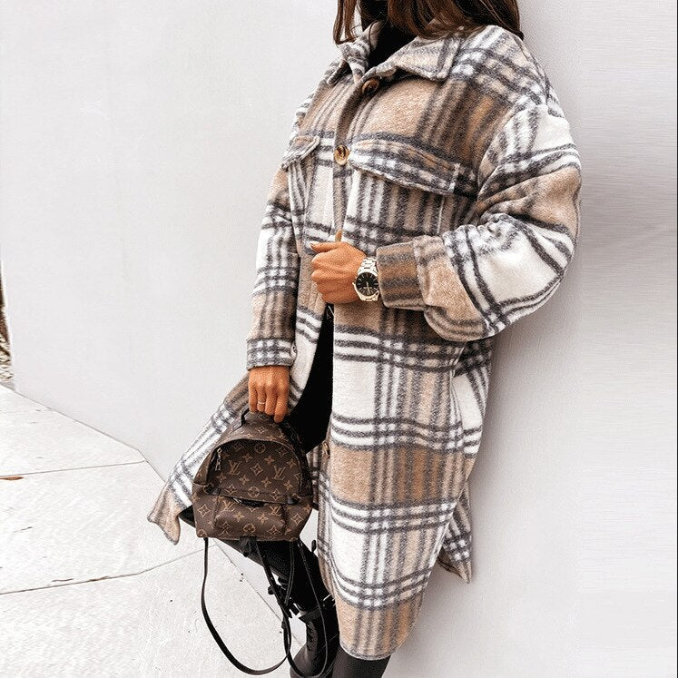Chaqueta camisa mujer larga a cuadros elegante y cómoda otoño