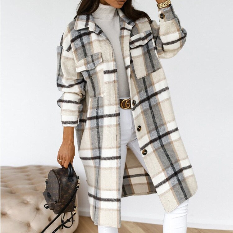 Chaqueta camisa mujer larga a cuadros elegante y cómoda otoño