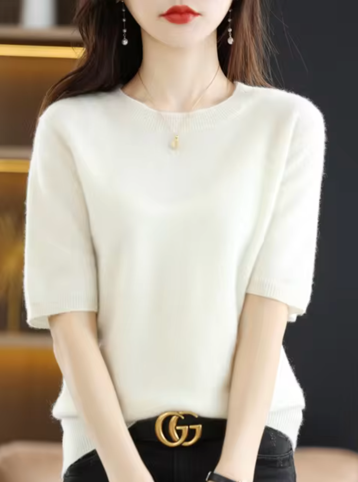 Jersey de manga corta para mujer: mezcla de lana y cachemira, elegante y cómodo