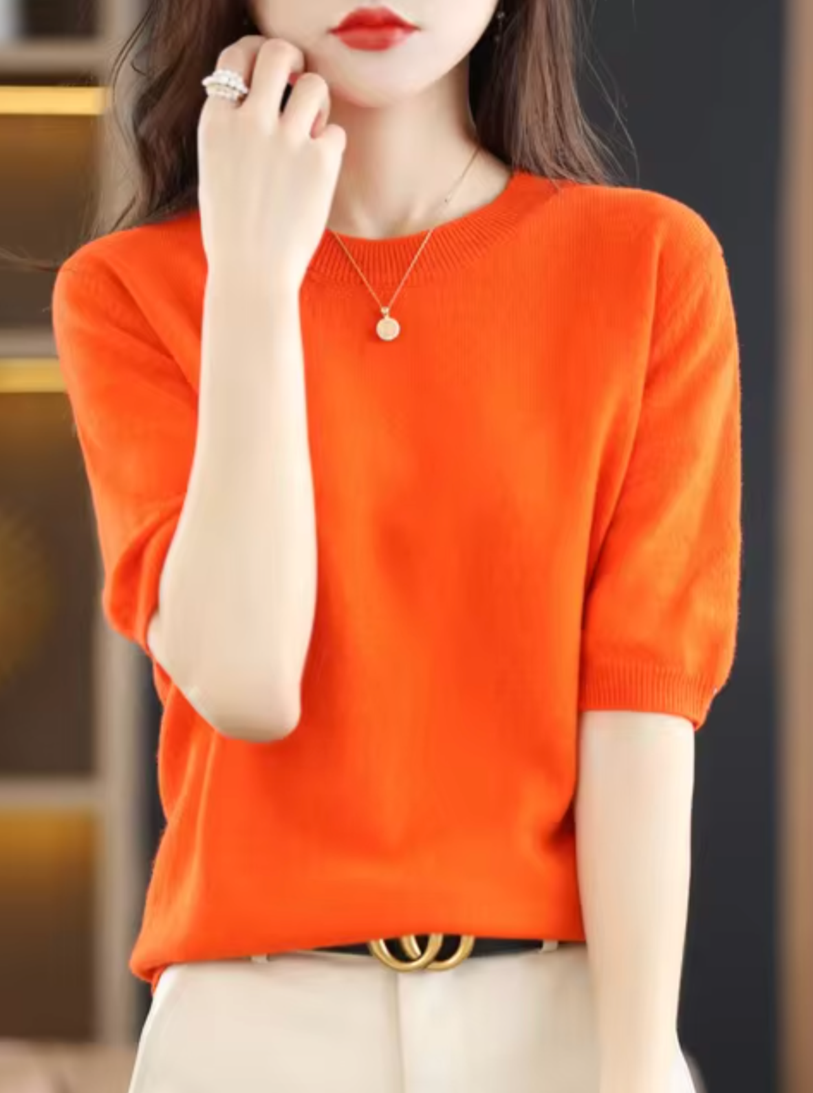 Jersey de manga corta para mujer: mezcla de lana y cachemira, elegante y cómodo