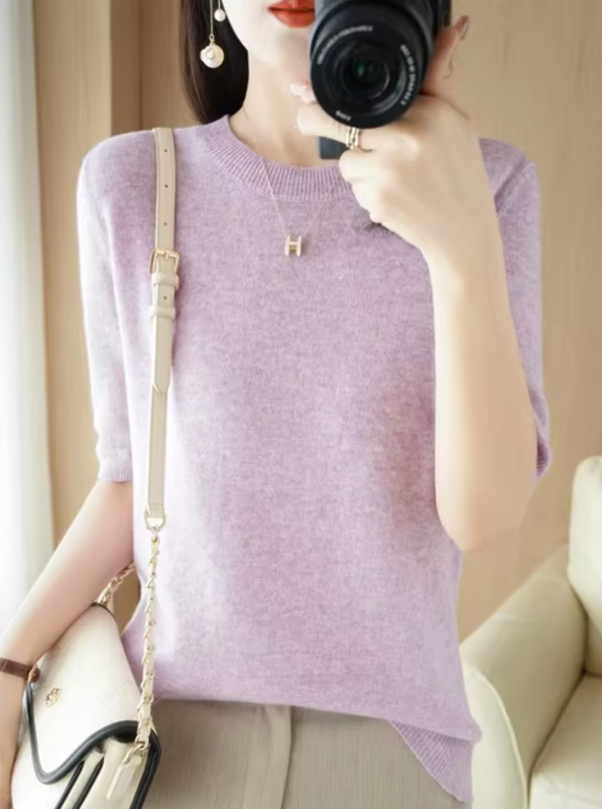 Jersey de manga corta para mujer: mezcla de lana y cachemira, elegante y cómodo