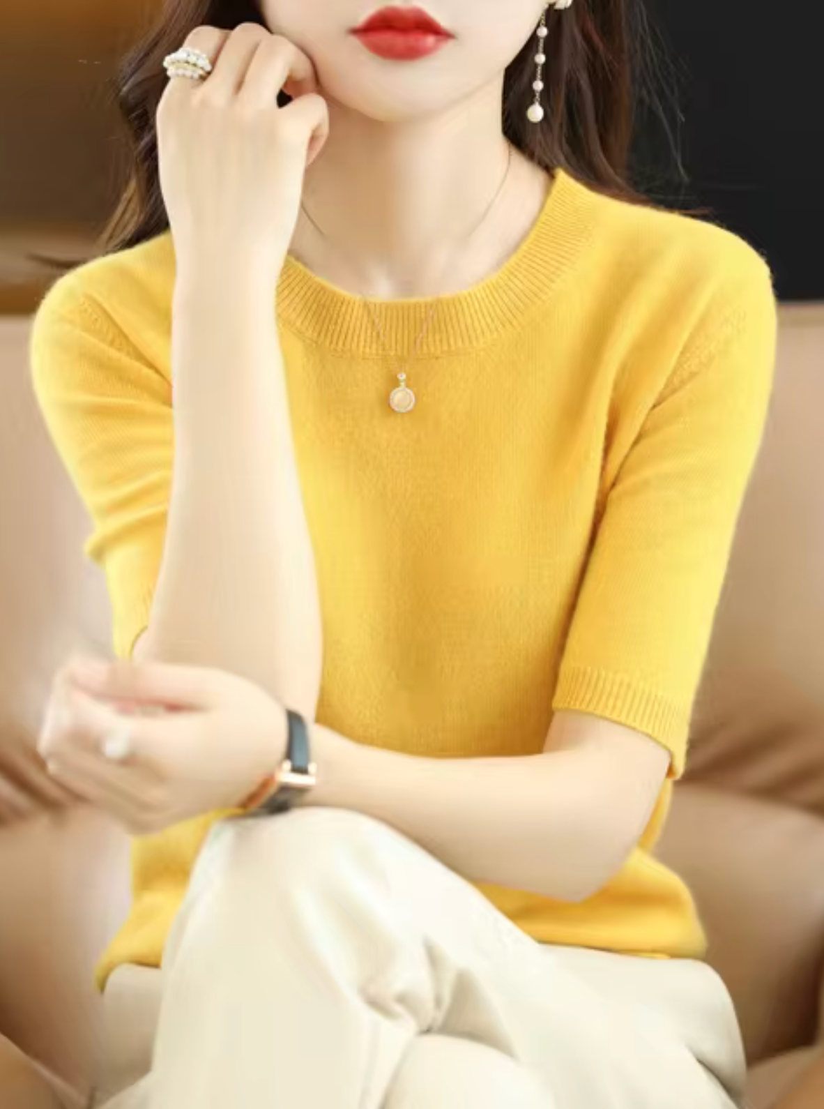 Jersey de manga corta para mujer: mezcla de lana y cachemira, elegante y cómodo