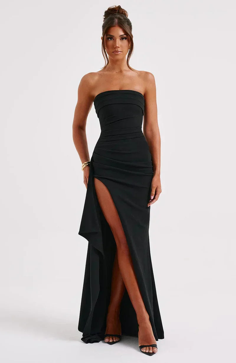 Vestido largo mujer estilo off-shoulder, ligero y elegante