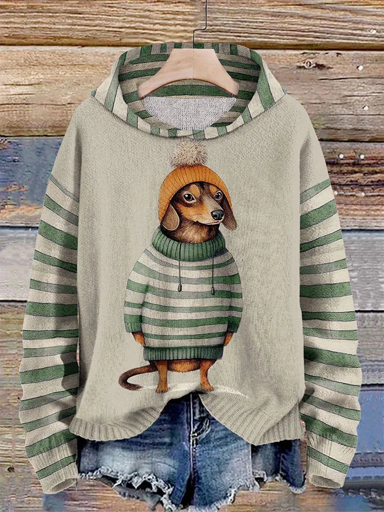 Cómoda sudadera con capucha para mujer: estampado de perro, suave y cálida para el invierno