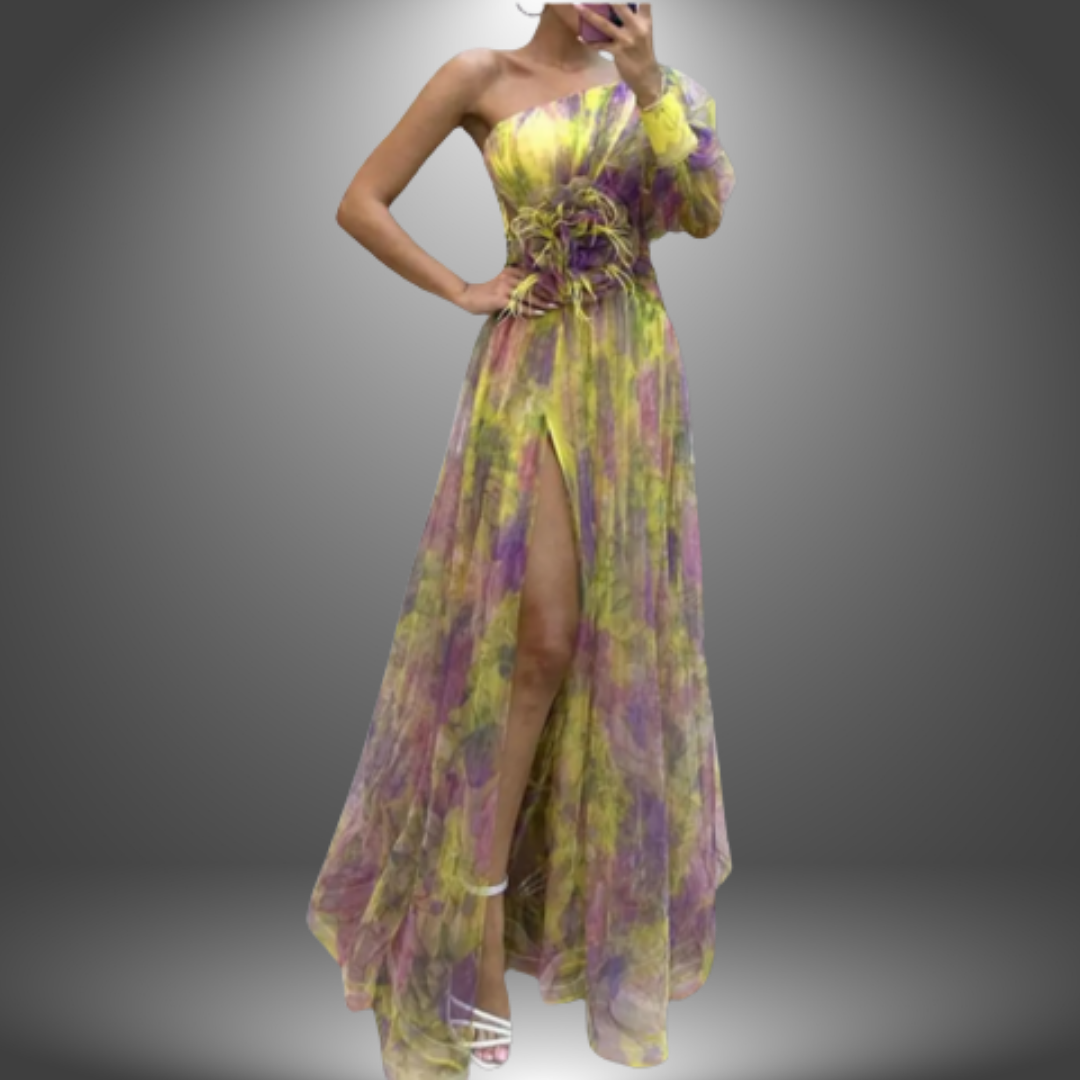 Megan | Vibrante maxivestido floral de un hombro