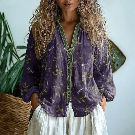 Blusa Vintage de Mujer con Estampado de Hojas – Elegante y Ligera