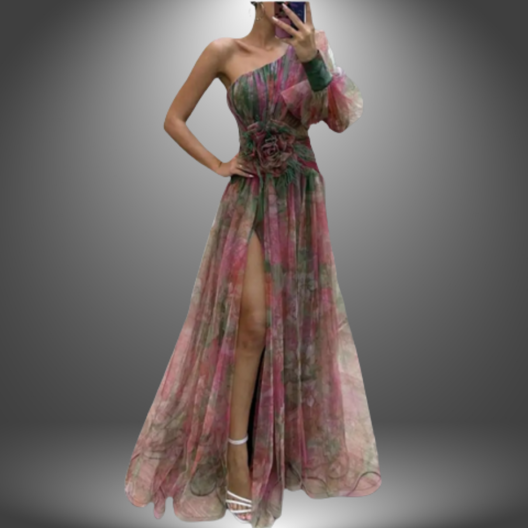 Megan | Vibrante maxivestido floral de un hombro