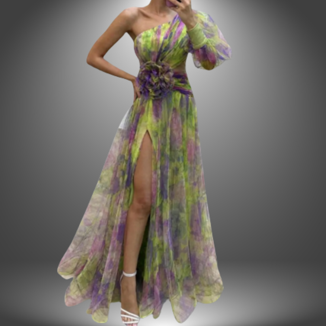 Megan | Vibrante maxivestido floral de un hombro
