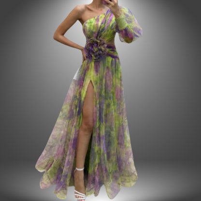 Megan | Vibrante maxivestido floral de un hombro
