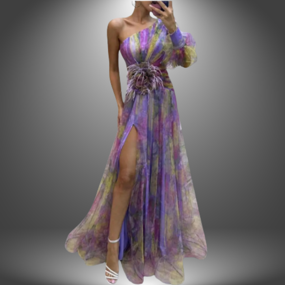 Megan | Vibrante maxivestido floral de un hombro