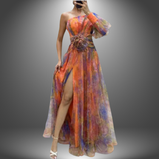 Megan | Vibrante maxivestido floral de un hombro