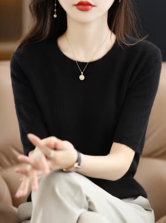 Jersey de manga corta para mujer: mezcla de lana y cachemira, elegante y cómodo