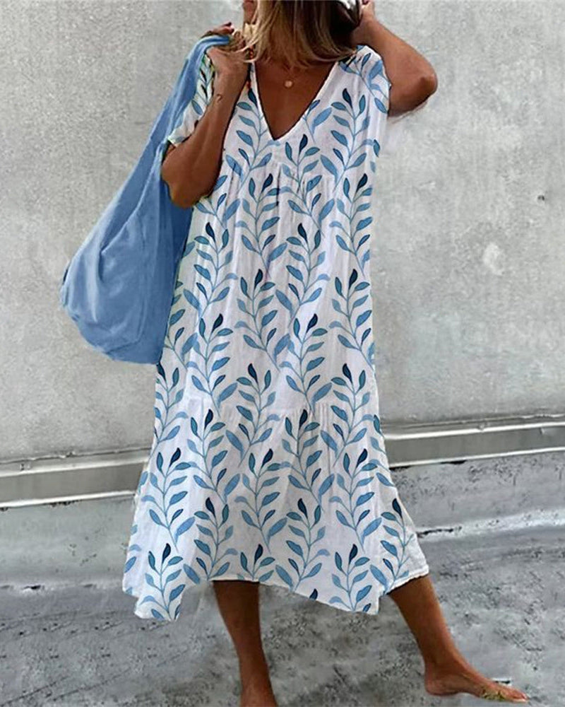 Coco | Vestido midi con estampado boho de hojas y corte vaporoso