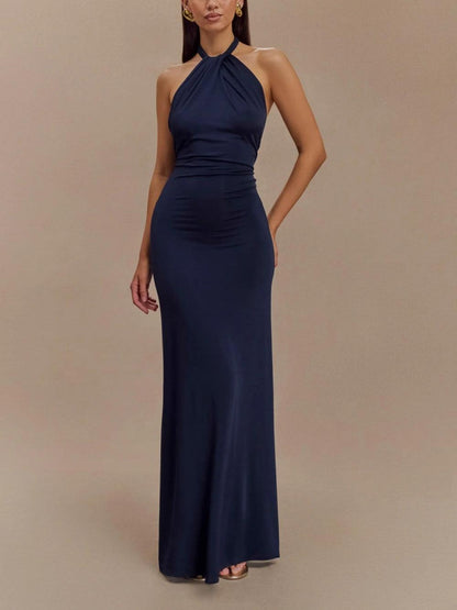 Vestido maxi mujer de satén con escote halter, elegante y chic