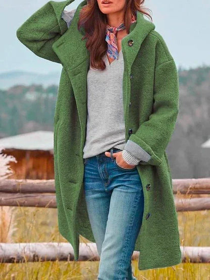 Chaqueta Larga con Botones y Capucha – Casual y Versátil