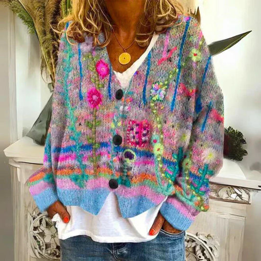 Chaqueta de punto para mujer con botones – Diseño floral y cómoda