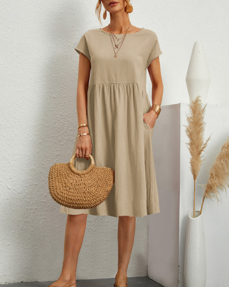 Carlota | Cómodo vestido midi con escote redondo y bolsillos