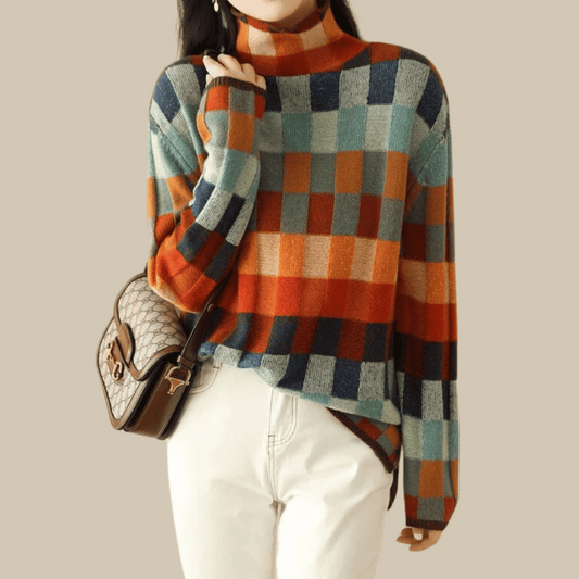 Jersey mujer patchwork cachemira cuello vuelto moderno y cómodo