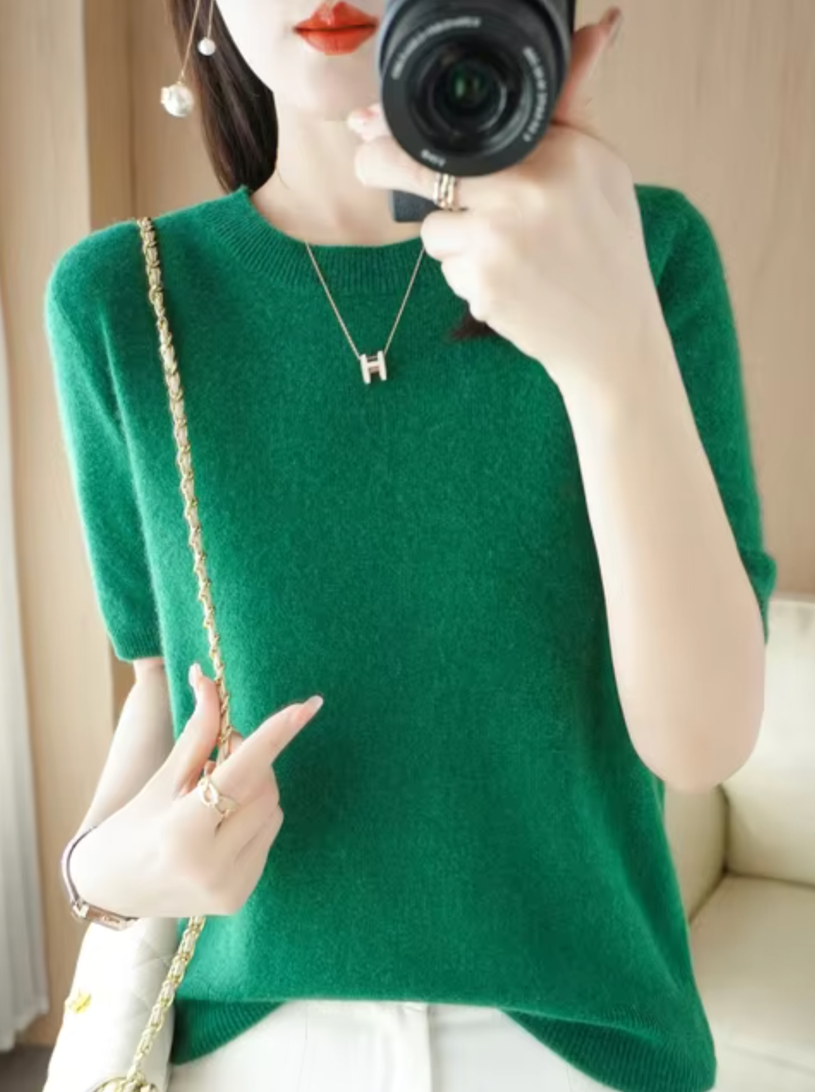 Jersey de manga corta para mujer: mezcla de lana y cachemira, elegante y cómodo