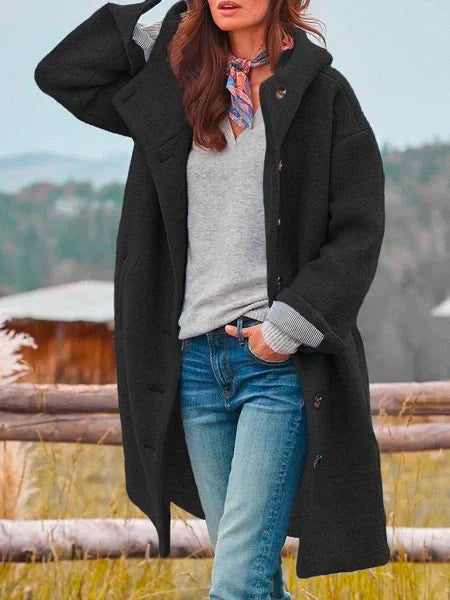 Chaqueta Larga con Botones y Capucha – Casual y Versátil