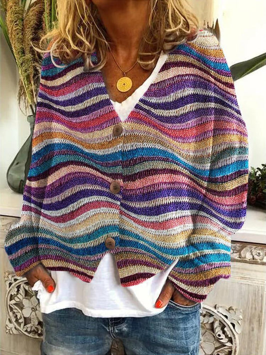 Chaqueta de punto multicolor con botones para mujer: cálida, suave y moderna.