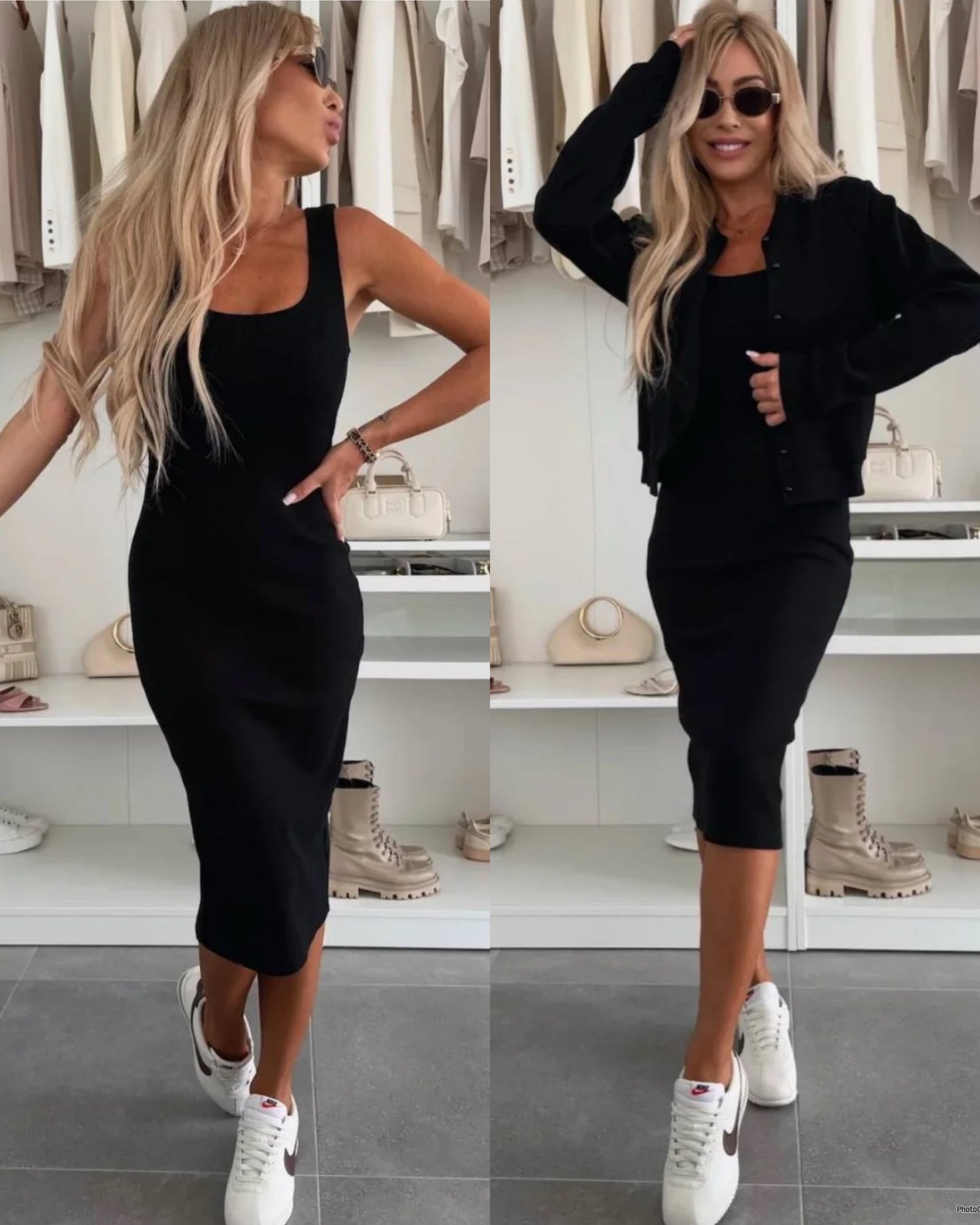 Livia | Conjunto de vestido midi de punto acanalado y cazadora bomber