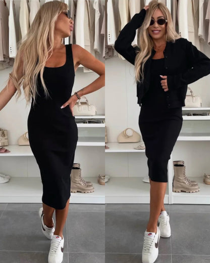 Livia | Conjunto de vestido midi de punto acanalado y cazadora bomber