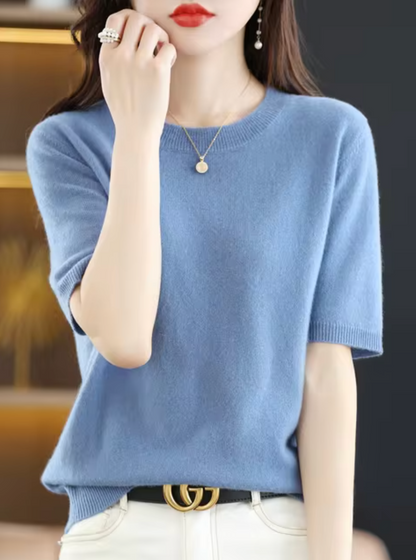 Jersey de manga corta para mujer: mezcla de lana y cachemira, elegante y cómodo