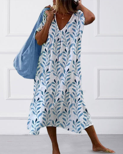 Coco | Vestido midi con estampado boho de hojas y corte vaporoso
