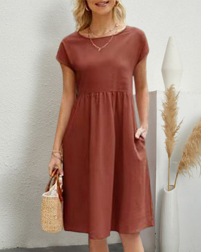 Carlota | Cómodo vestido midi con escote redondo y bolsillos