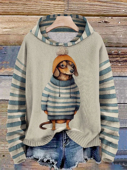 Cómoda sudadera con capucha para mujer: estampado de perro, suave y cálida para el invierno