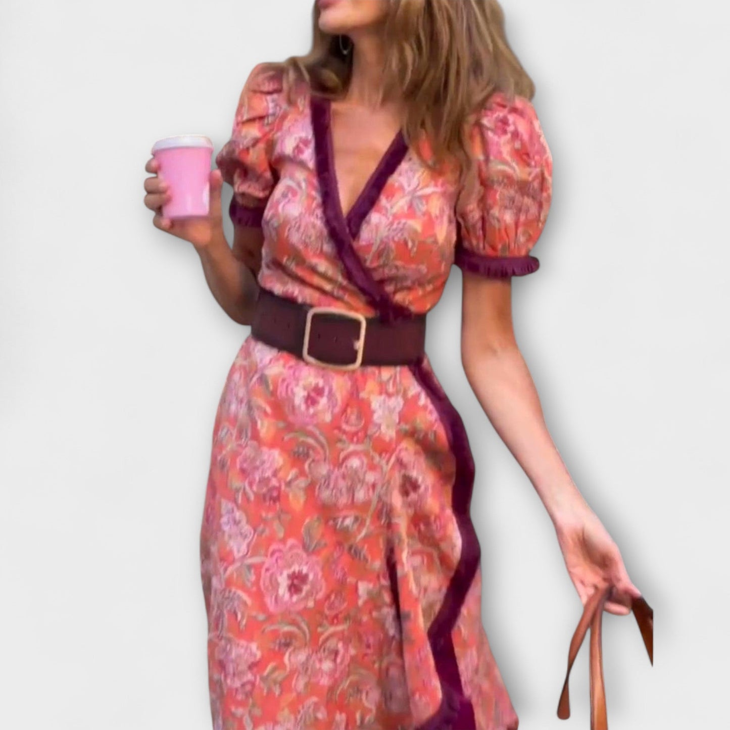 Elva | Elegante maxivestido rosa de manga corta