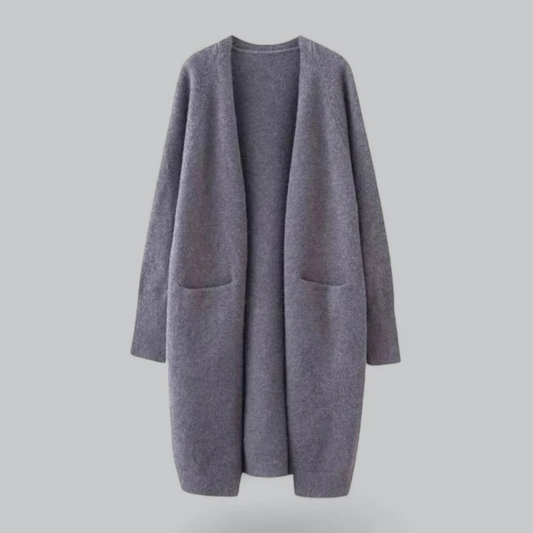 Chaqueta de punto informal con abertura frontal para mujer: suave, cálida y moderna.